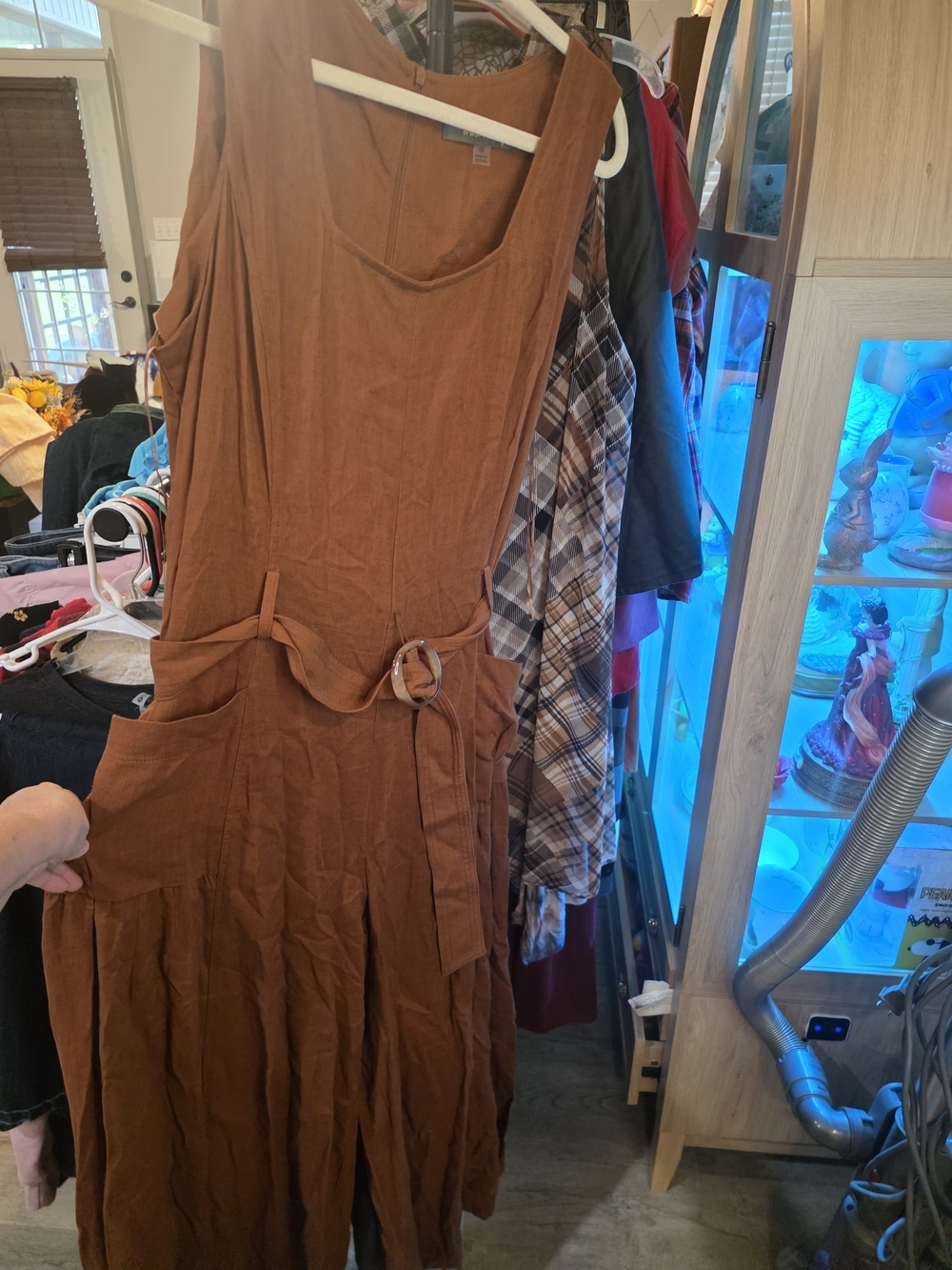 Sleeveless Rust Brown Belted Linen-Blend Romper